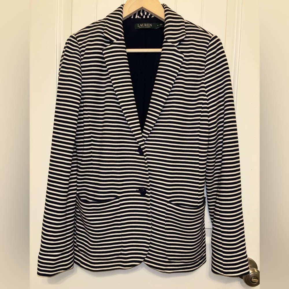 Lauren Ralph Lauren Blue & White Striped Cotton Blend Blazer Medium - Picture 2 of 10